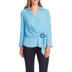 Vince Camuto Women's Rumple V Neck Belted Blouse Light Blue Size Large NWT